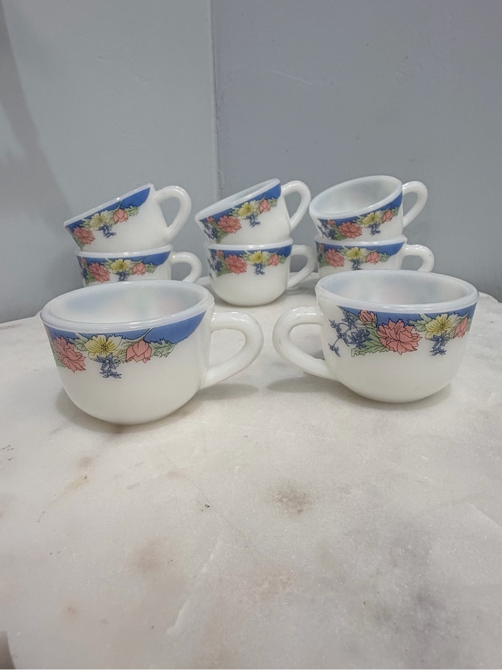 Vintage 90s Duropal French Opal Glass Teacups Set 7 Floral Blue Rim Coffee Cups - Picture 4 of 13